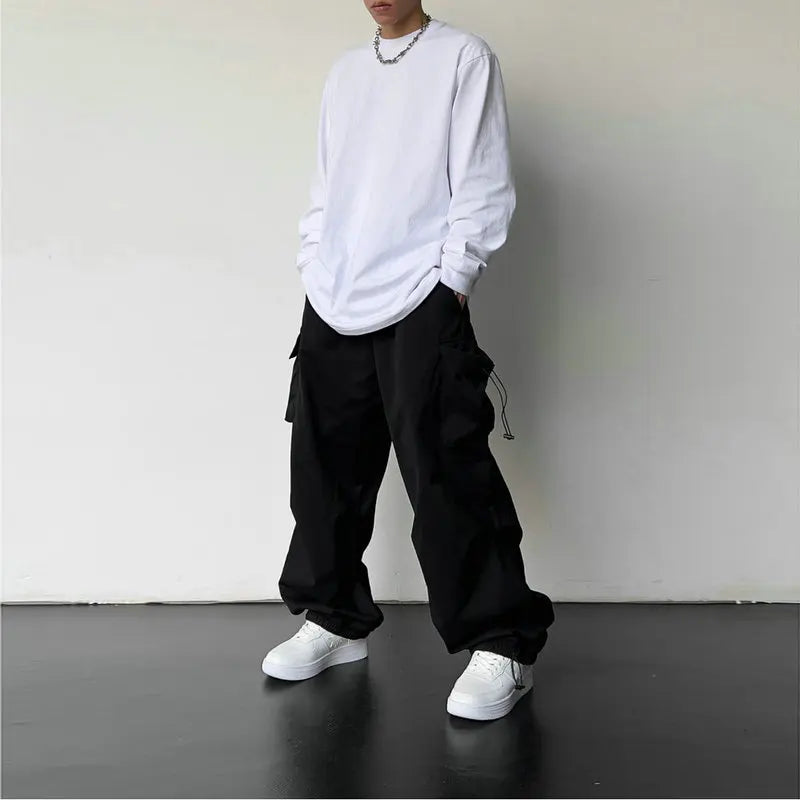 Spring & Summer Men's Streetwear Cargo Joggers – Solid Color, Wide-Leg, Elastic Waist Casual Pants