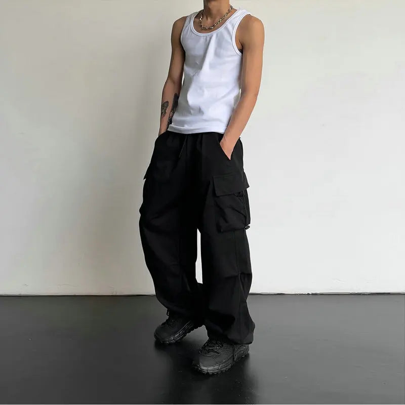 Spring & Summer Men's Streetwear Cargo Joggers – Solid Color, Wide-Leg, Elastic Waist Casual Pants