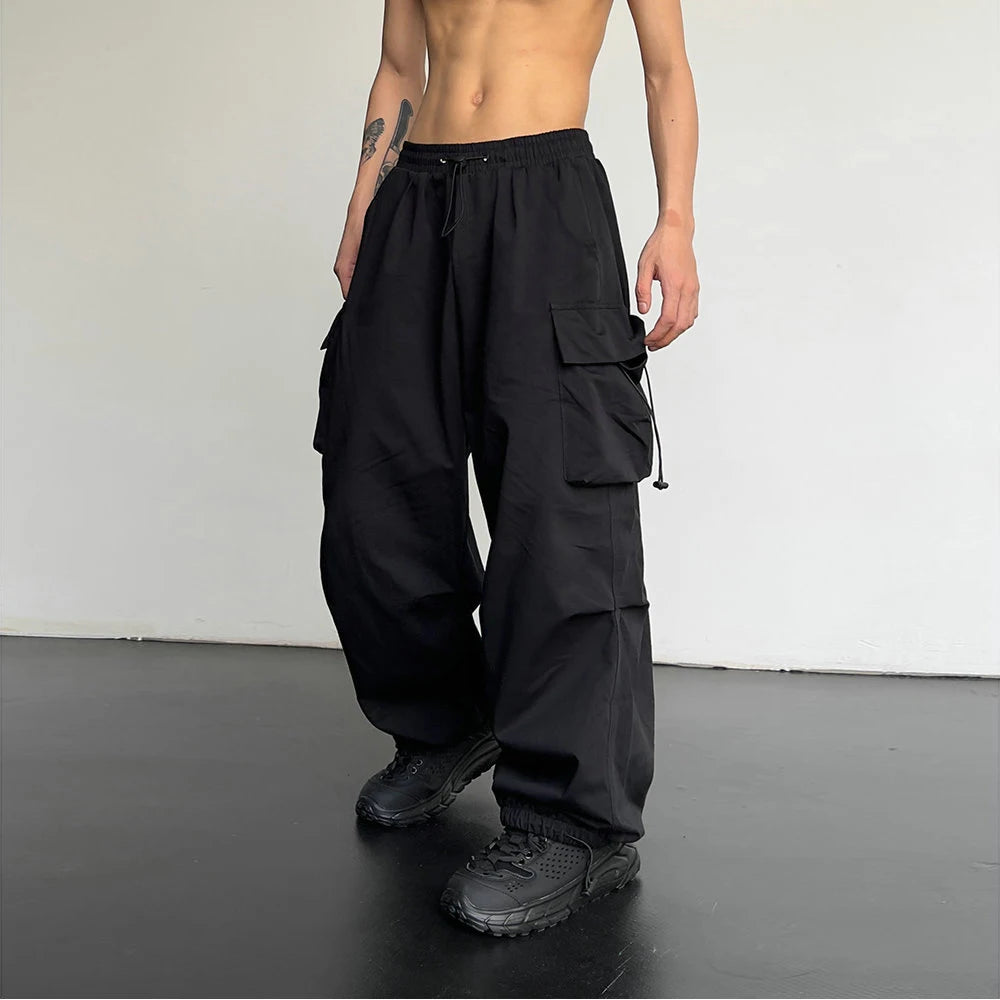 Spring & Summer Men's Streetwear Cargo Joggers – Solid Color, Wide-Leg, Elastic Waist Casual Pants