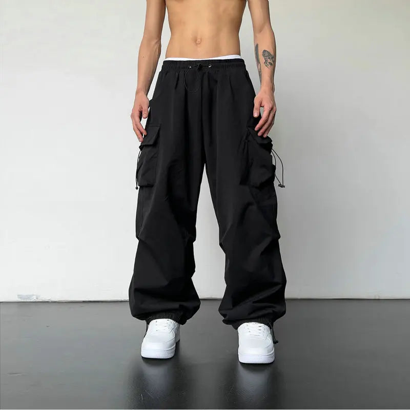 Spring & Summer Men's Streetwear Cargo Joggers – Solid Color, Wide-Leg, Elastic Waist Casual Pants