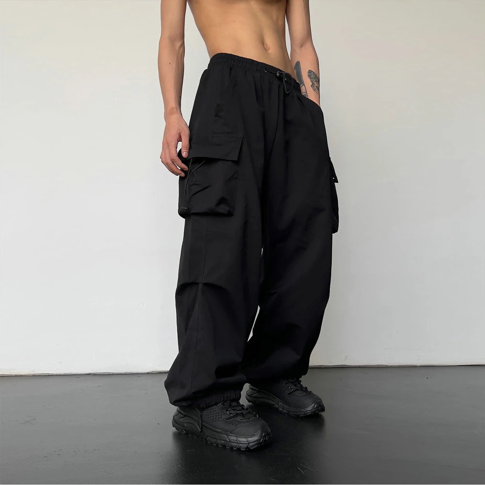 Spring & Summer Men's Streetwear Cargo Joggers – Solid Color, Wide-Leg, Elastic Waist Casual Pants