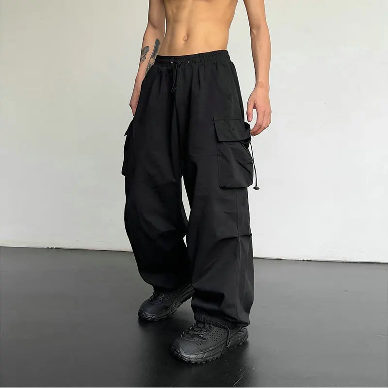 Spring & Summer Men's Streetwear Cargo Joggers – Solid Color, Wide-Leg, Elastic Waist Casual Pants