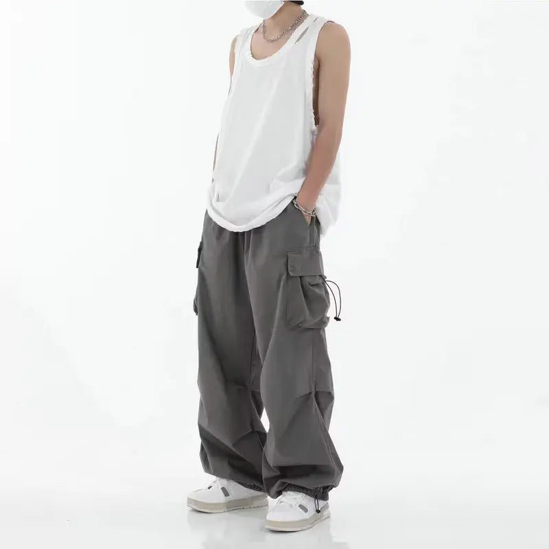 Spring & Summer Men's Streetwear Cargo Joggers – Solid Color, Wide-Leg, Elastic Waist Casual Pants